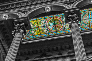 Argentina, Buenos Aires, San Nicolas, South America, Teatro Colón, architectural detail, black & white, building, ceiling, column, columns, digital art, historic, historic building, photography, stained glass